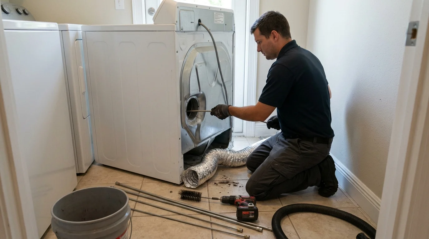 photo, technician cleaning a dryer vent duct with a rotary brush behind a laundry room dryer, Jacksonville Florida home, natural light, prestonreeves-jax-dryer-vent-cleaning-1