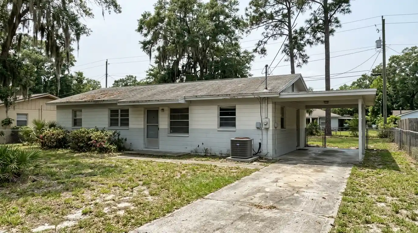 photo, 1950s concrete block ranch home in Cedar Hills on Jacksonville's Westside with a heat pump beside the carport, Jacksonville Florida home, natural light, prestonreeves-jax-area-westside-1