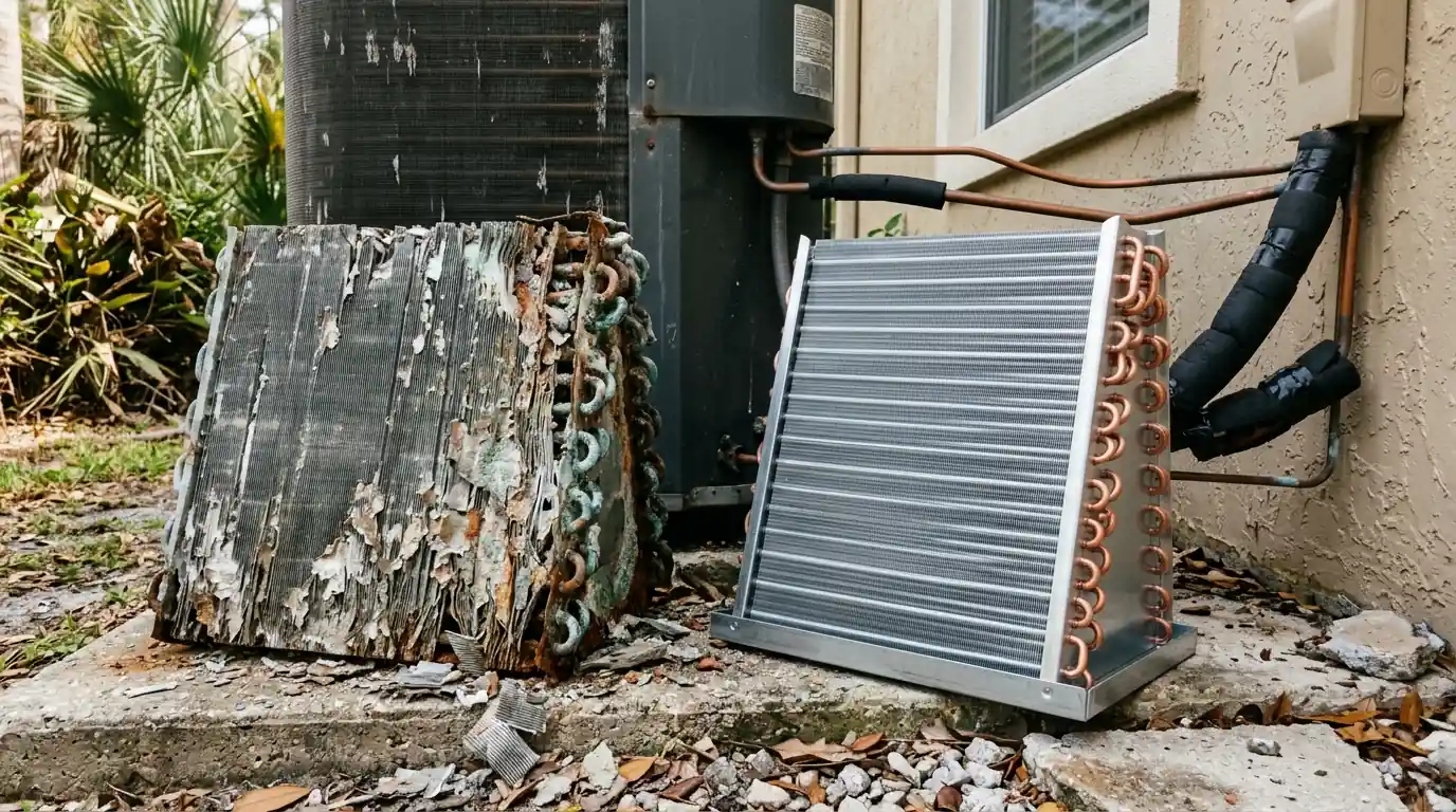 photo, close-up of a salt corroded outdoor AC condenser coil with flaking fins next to a new replacement coil, Jacksonville Florida home, natural light, prestonreeves-jax-condenser-coil-replacement-1