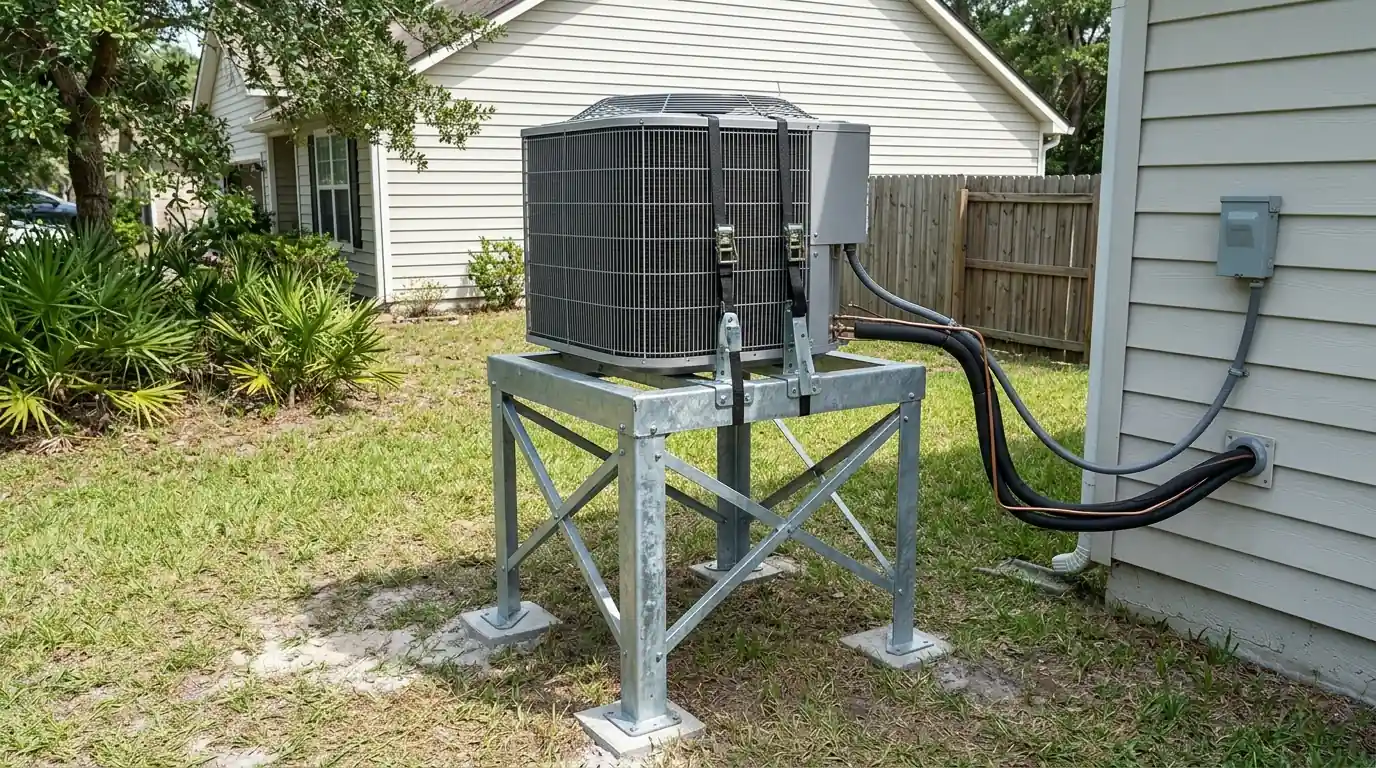 photo, outdoor condenser mounted on a raised galvanized stand above a low Florida yard with the refrigerant lines extended, Jacksonville Florida home, natural light, prestonreeves-jax-hurricane-tie-down-condenser-stand-2