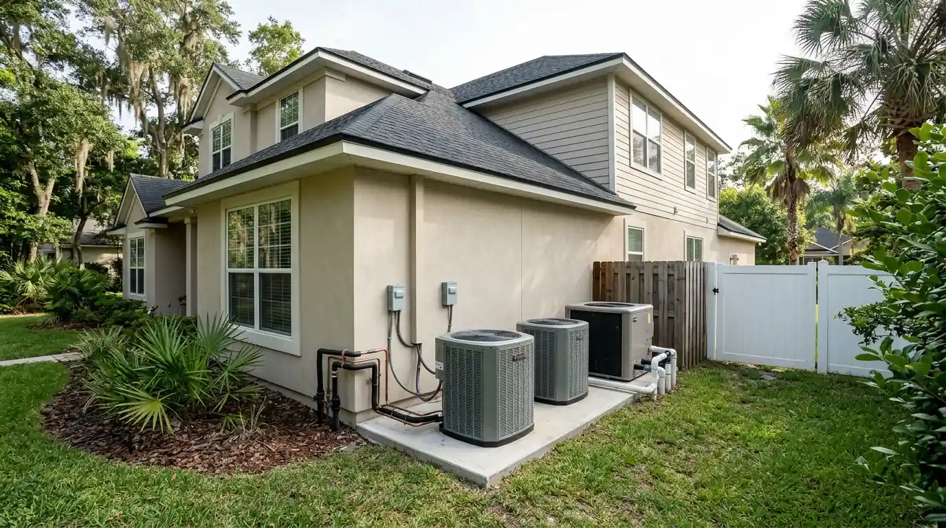 photo, large two-story Fruit Cove Florida home in Julington Creek with two condensers and a pool heat pump on a side yard pad, Jacksonville Florida home, natural light, prestonreeves-jax-area-fruit-cove-1