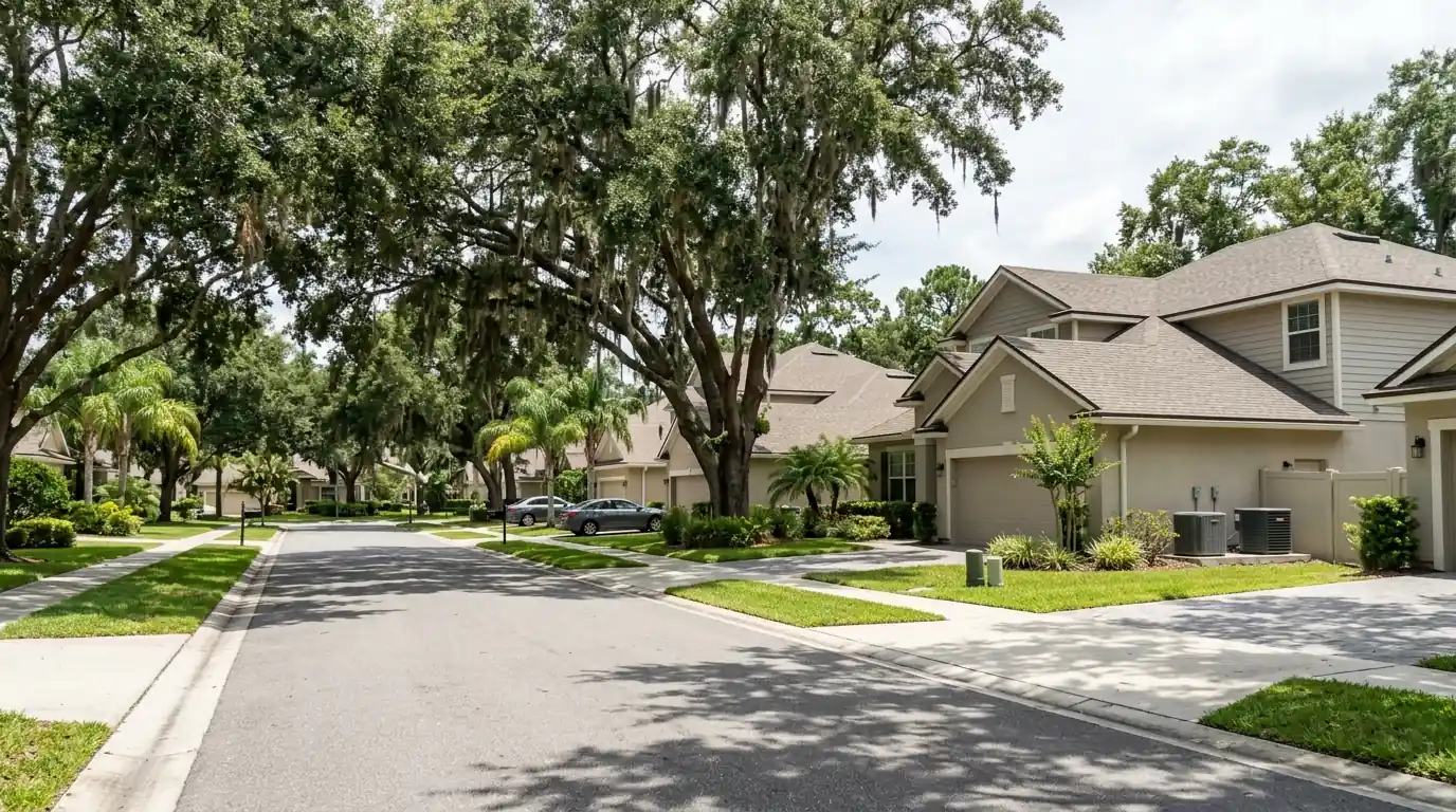 photo, Orange Park Florida neighborhood street with heat pumps beside newer homes and live oaks, Jacksonville Florida home, natural light, prestonreeves-jax-area-orange-park-1