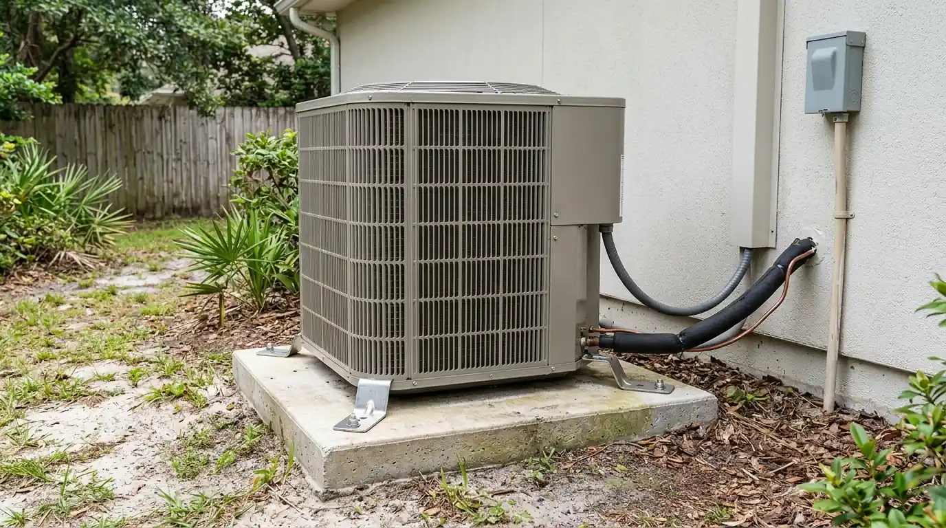 photo, outdoor AC condenser bolted to a concrete pad with stainless tie-down clips at each corner beside a Florida home, Jacksonville Florida home, natural light, prestonreeves-jax-hurricane-tie-down-condenser-stand-1