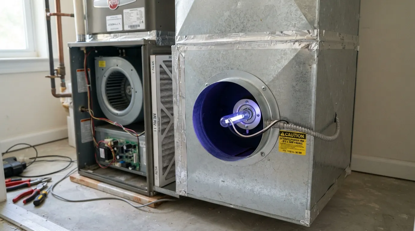 Air stream UV lamp near an air handler blower