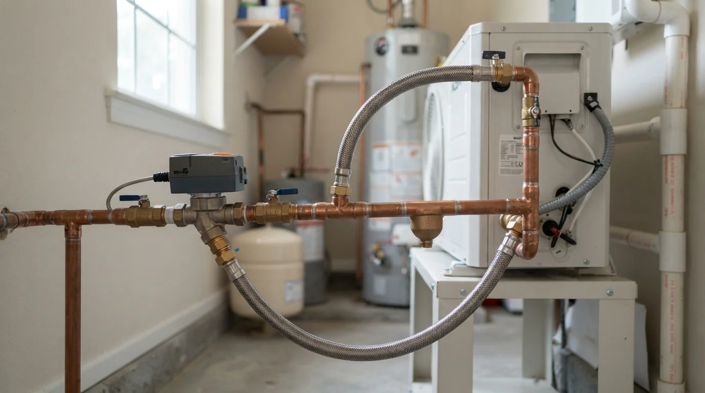 Water valve and hoses on a water source unit