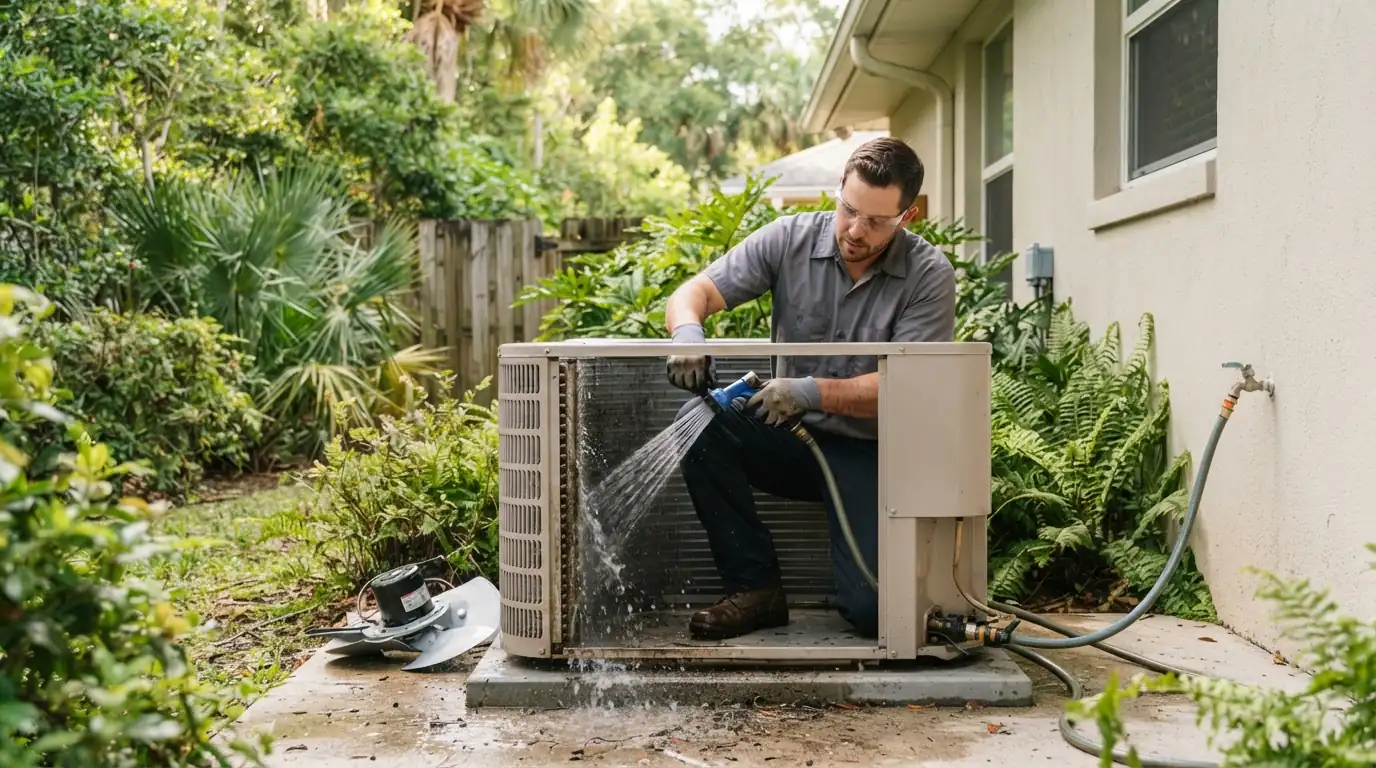 Technician rinsing a condenser coil during a tune up