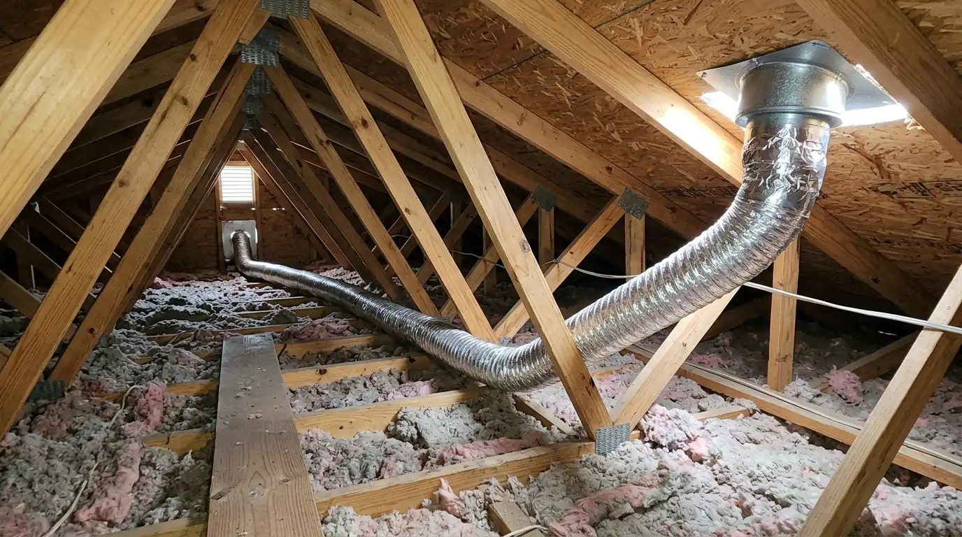 photo, long dryer vent duct running through an attic to a roof termination cap, Jacksonville Florida home, natural light, prestonreeves-jax-dryer-vent-cleaning-2