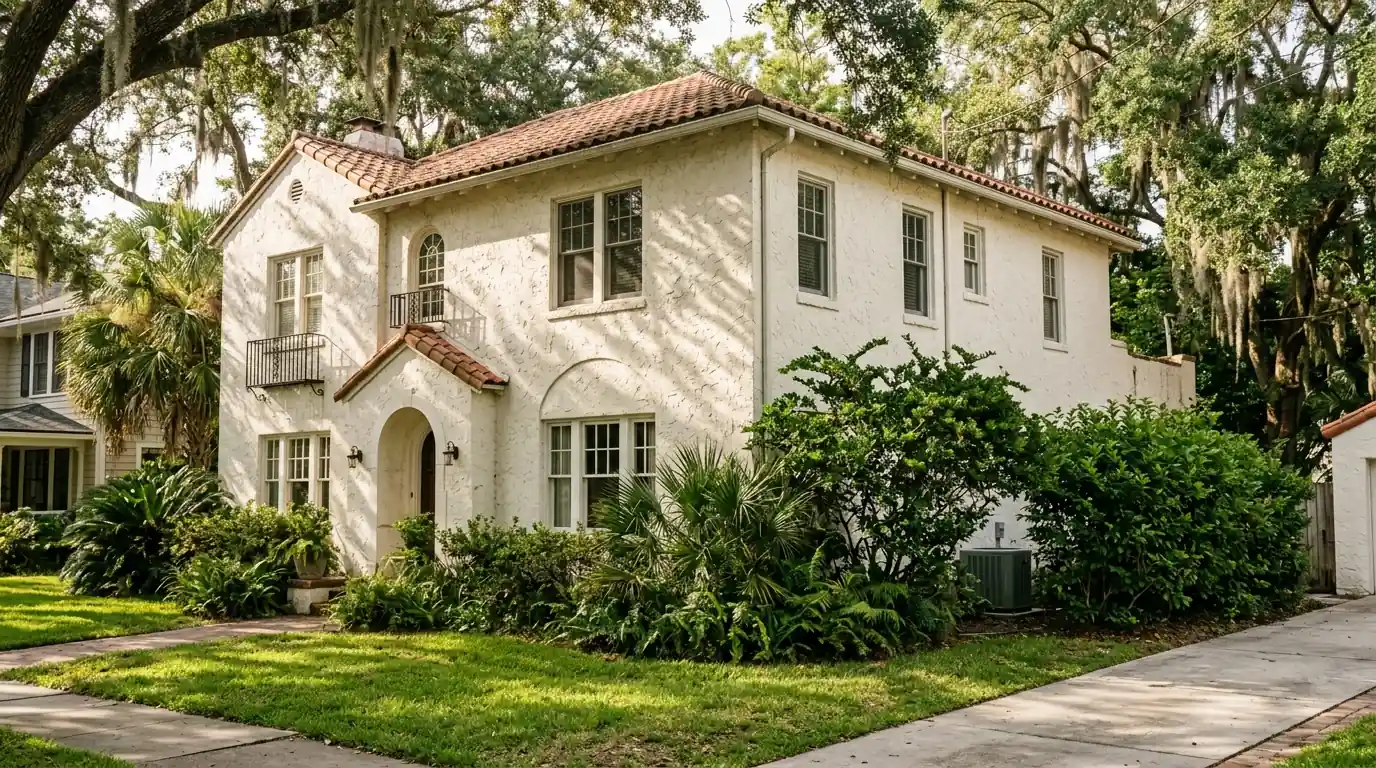 photo, 1920s Mediterranean Revival stucco home in San Marco Jacksonville with a small condenser screened behind shrubs, Jacksonville Florida home, natural light, prestonreeves-jax-area-san-marco-1