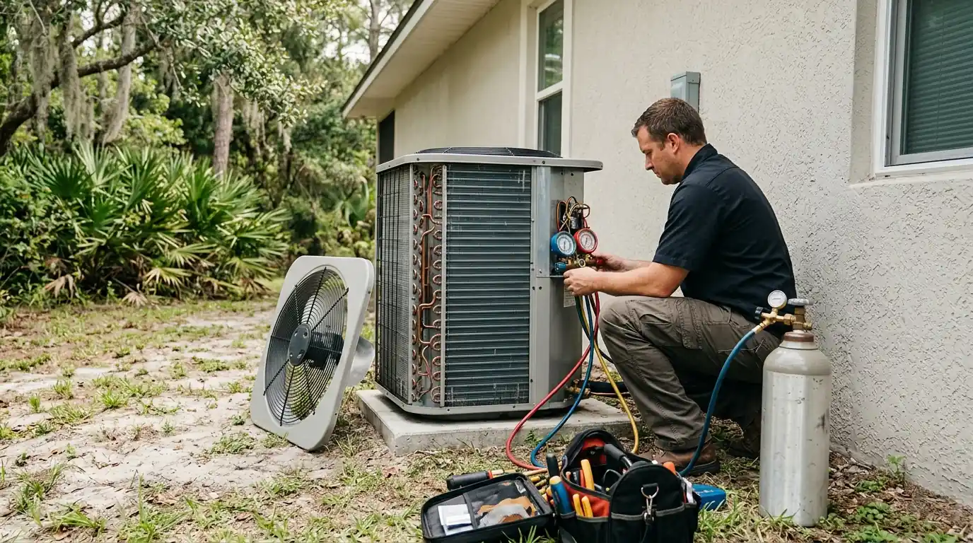 photo, outdoor condenser with the top removed and a technician pressure testing the coil with a nitrogen gauge, Jacksonville Florida home, natural light, prestonreeves-jax-condenser-coil-replacement-2