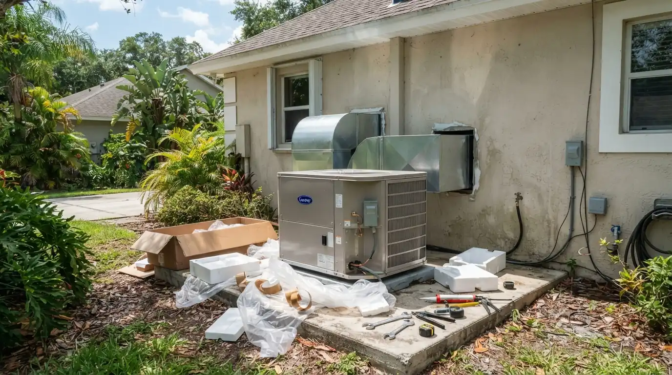 Package unit open for repair beside a home