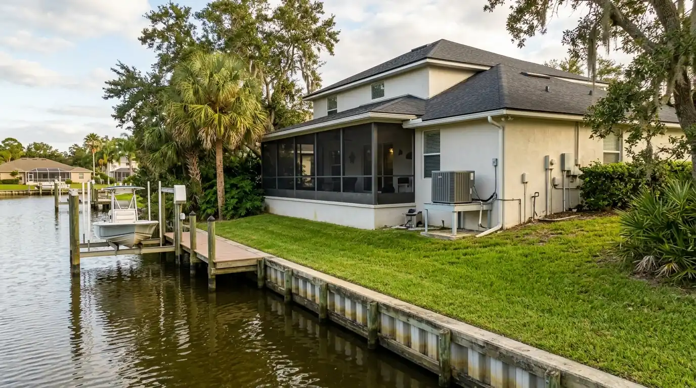 photo, Intracoastal West Jacksonville home on a canal with a boat dock and a condenser on a raised pad beside the lanai, Jacksonville Florida home, natural light, prestonreeves-jax-area-intracoastal-west-1
