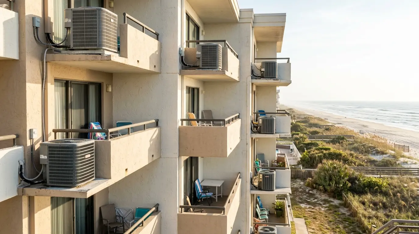 photo, beachfront Jacksonville Beach condo balconies with outdoor AC units on a sunny morning, ocean in the background, Jacksonville Florida home, natural light, prestonreeves-jax-area-jacksonville-beach-1