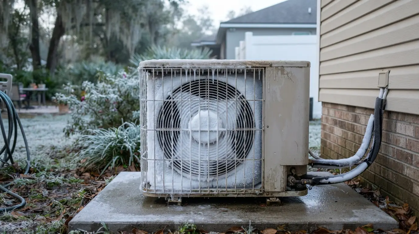 Iced outdoor coil on a heat pump