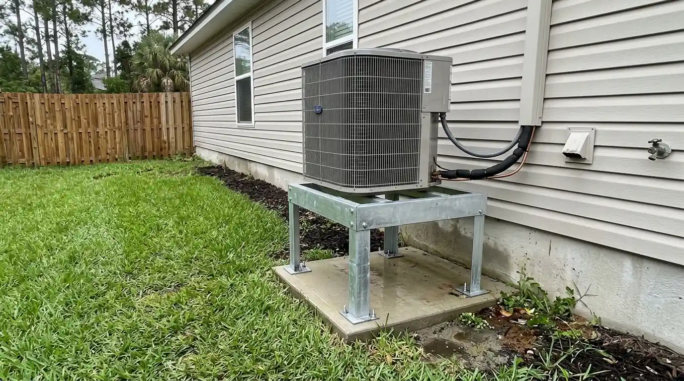 photo, newer Oceanway Jacksonville subdivision home with a condenser on a raised anchored stand above a damp lawn, Jacksonville Florida home, natural light, prestonreeves-jax-area-oceanway-1