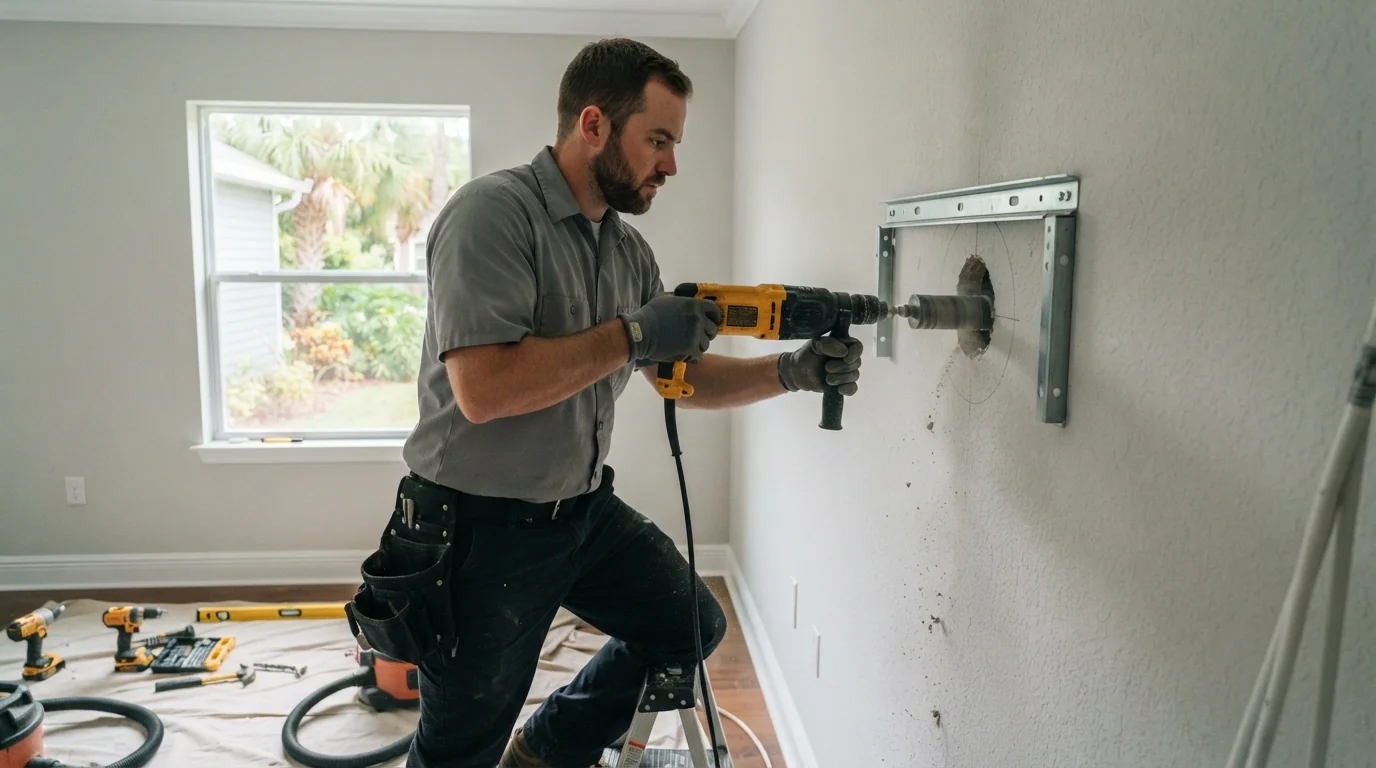 Technician mounting a ductless head bracket in a Jacksonville home