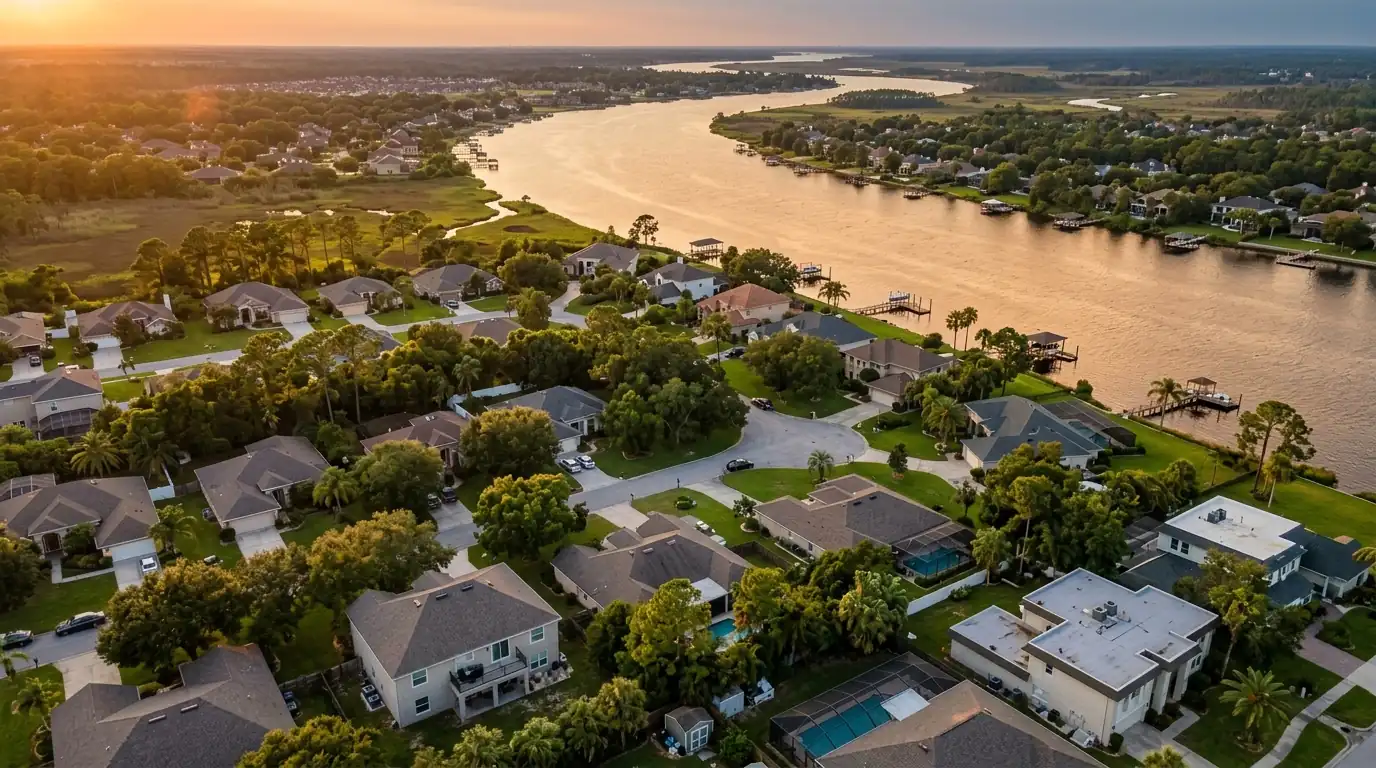 photo, aerial view of Duval County suburbs and the St Johns River at golden hour, rooftop condensers visible, Jacksonville Florida home, natural light, prestonreeves-jax-area-duval-county-1