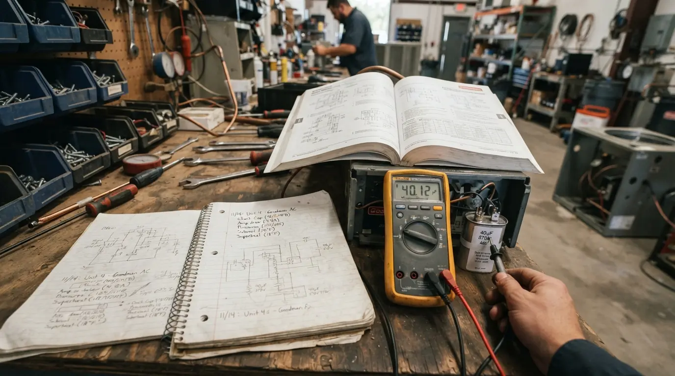 HVAC quote paperwork and tools on a workbench