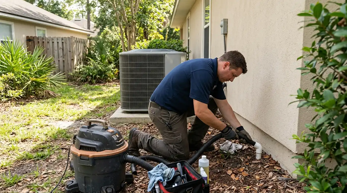photo, technician flushing an AC condensate drain line with a wet vac at the outdoor end, Jacksonville Florida home, natural light, prestonreeves-jax-guide-ac-maintenance-checklist-jacksonville-2