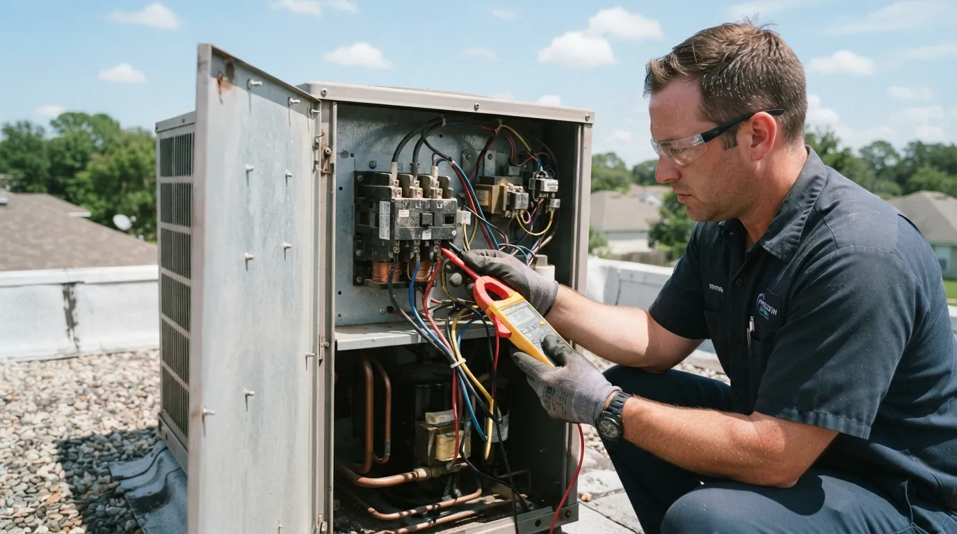 Technician testing a rooftop unit's electrical section