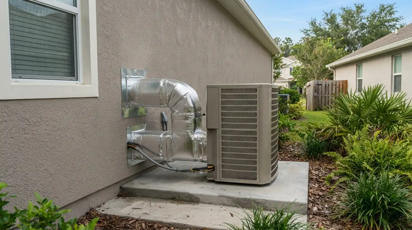 Heat pump package unit connected to a slab home