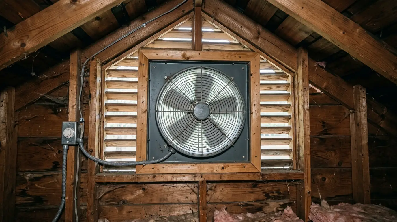 photo, gable attic fan mounted inside a vented attic wall with insulation and ductwork visible, Jacksonville Florida home, natural light, prestonreeves-jax-attic-fan-installation-2