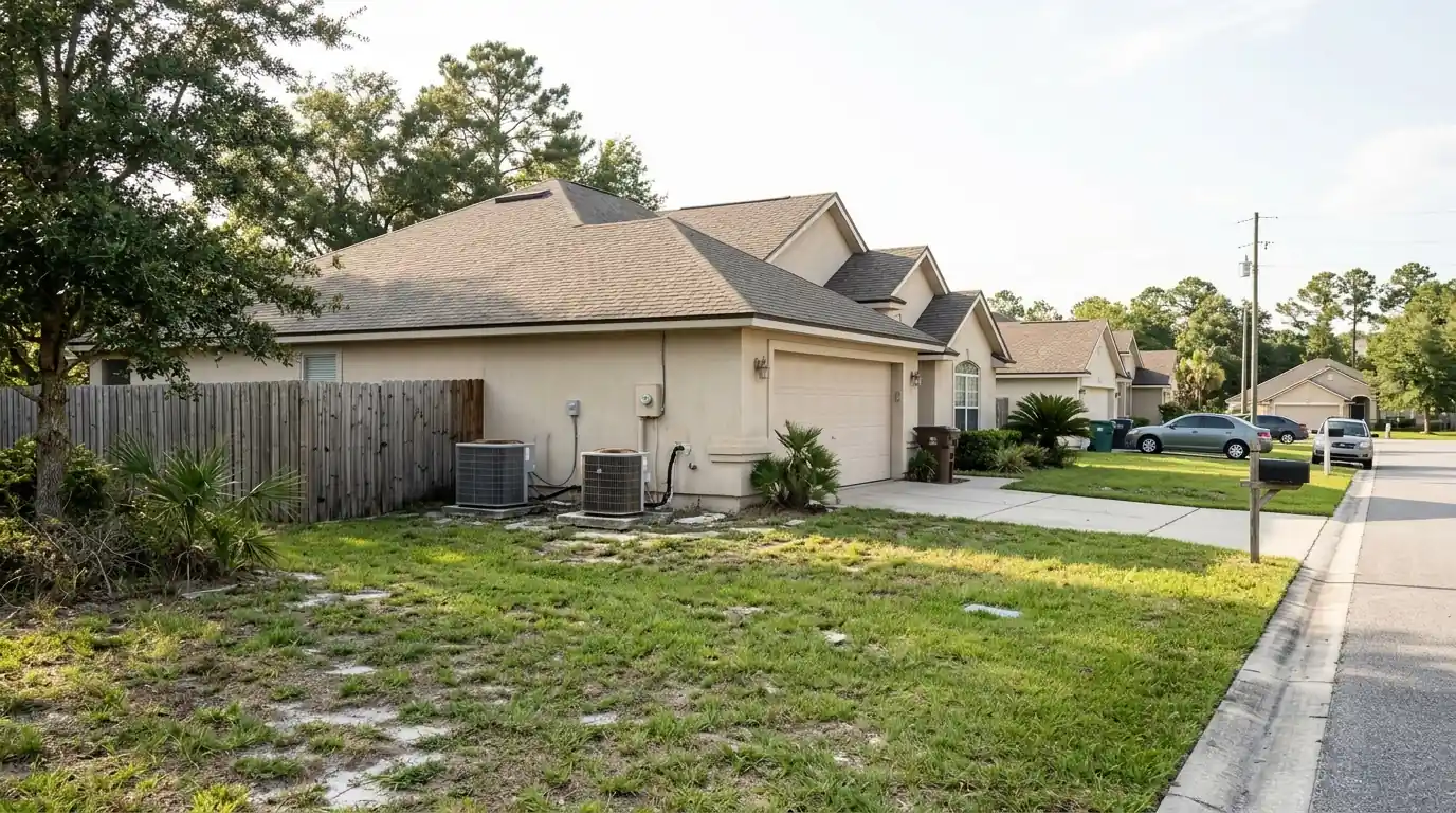photo, suburban Clay County street of early 2000s homes with heat pumps on concrete pads, afternoon sun, Jacksonville Florida home, natural light, prestonreeves-jax-area-clay-county-1