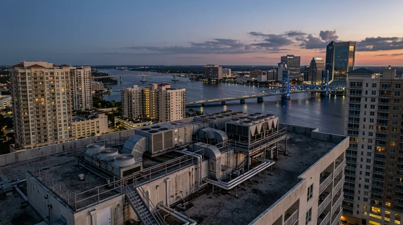 photo, downtown Jacksonville riverfront condo towers at dusk with rooftop HVAC equipment visible, Jacksonville Florida home, natural light, prestonreeves-jax-area-downtown-jacksonville-1