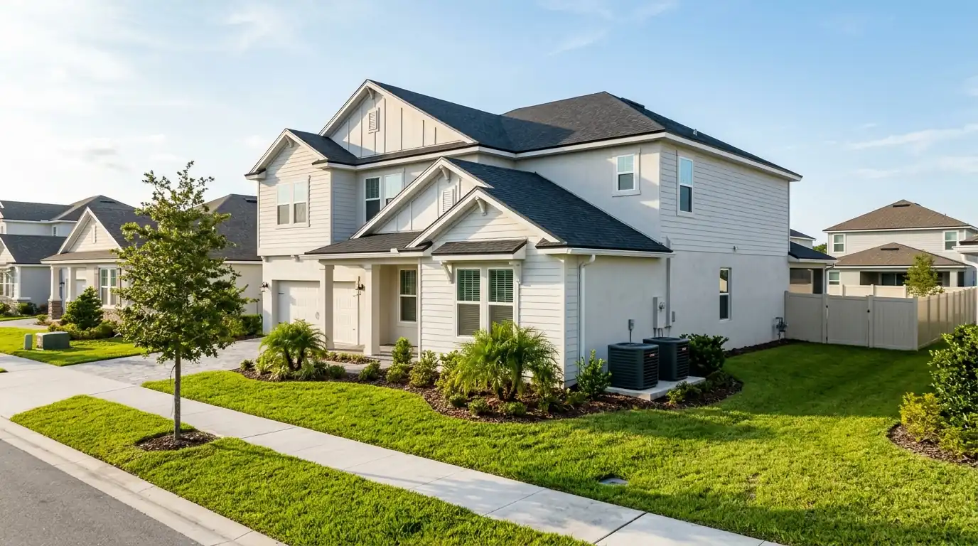 photo, two-story newer home in a St Johns County master-planned community with a pair of condensers on a side pad, Jacksonville Florida home, natural light, prestonreeves-jax-area-st-johns-county-1