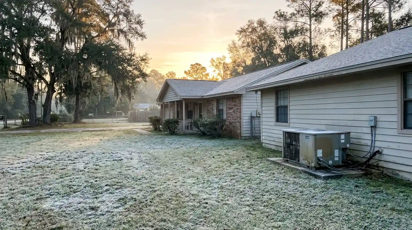 photo, small-town Macclenny Florida home with a heat pump on a pad and frost on the lawn at sunrise, Jacksonville Florida home, natural light, prestonreeves-jax-area-macclenny-1