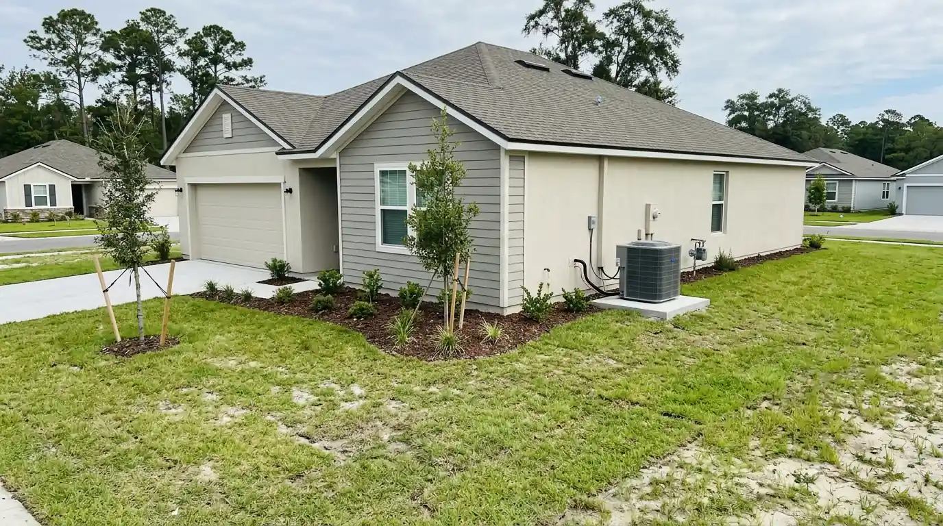 photo, new subdivision home on Jacksonville's Northside near the airport with a new heat pump on a pad and young landscaping, Jacksonville Florida home, natural light, prestonreeves-jax-area-northside-1