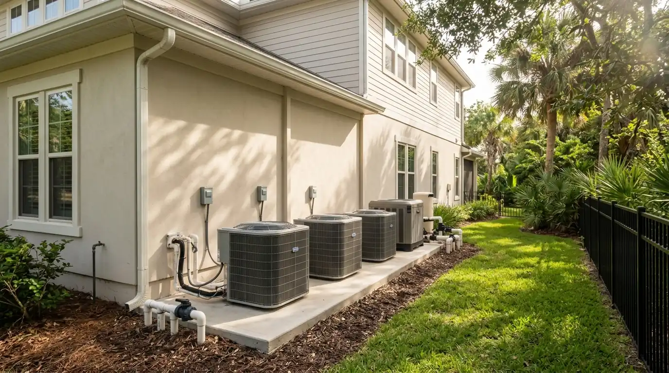 photo, large Ponte Vedra Beach home with three outdoor condensers and a pool heat pump on a side yard pad, Jacksonville Florida home, natural light, prestonreeves-jax-area-ponte-vedra-beach-1