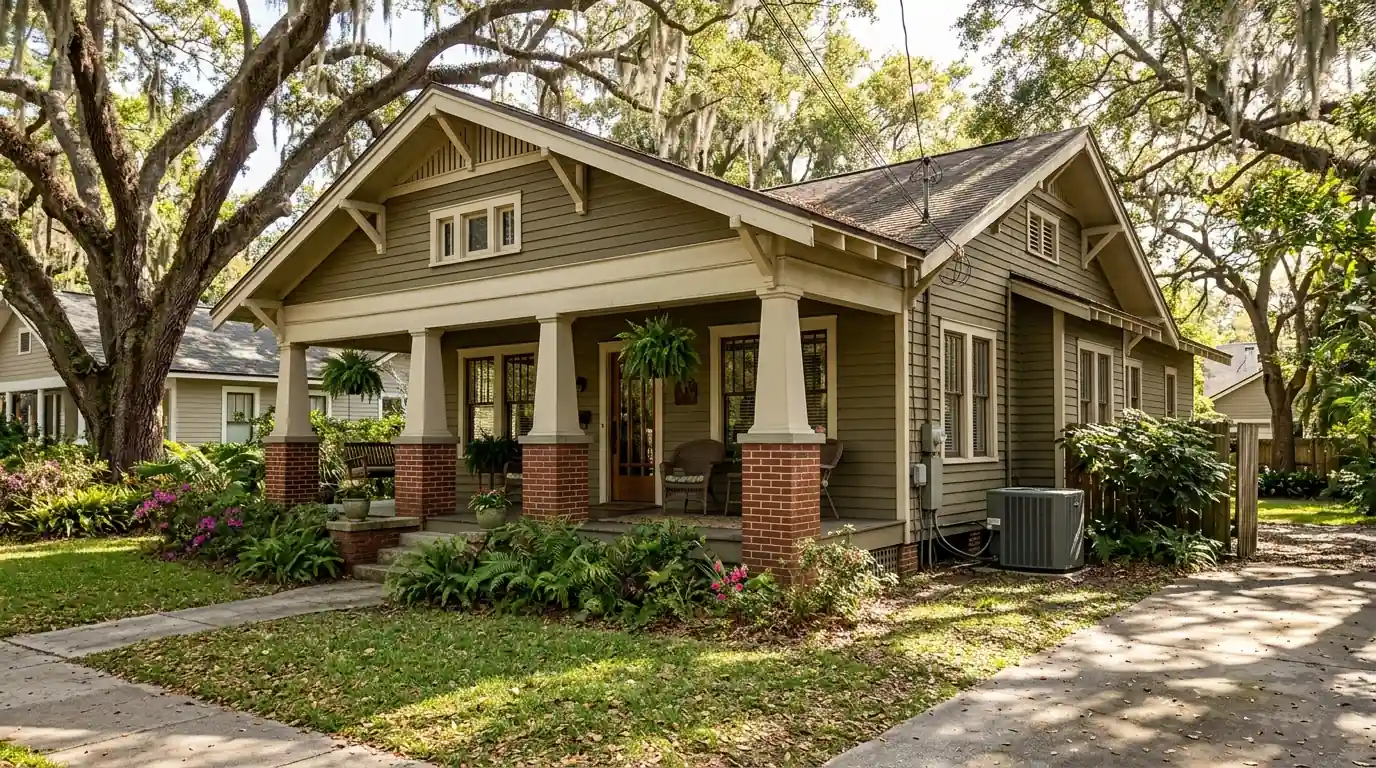 photo, Riverside Jacksonville craftsman bungalow with a deep front porch, live oaks and a condenser tucked at the side yard, Jacksonville Florida home, natural light, prestonreeves-jax-area-riverside-1