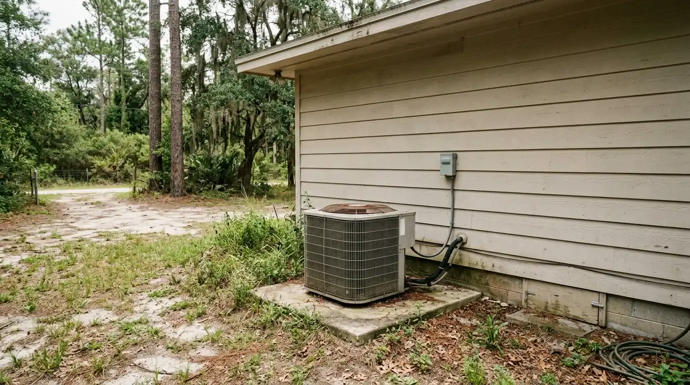 photo, rural Baker County Florida home with a heat pump on a pad under longleaf pines, early morning frost on the grass, Jacksonville Florida home, natural light, prestonreeves-jax-area-baker-county-1