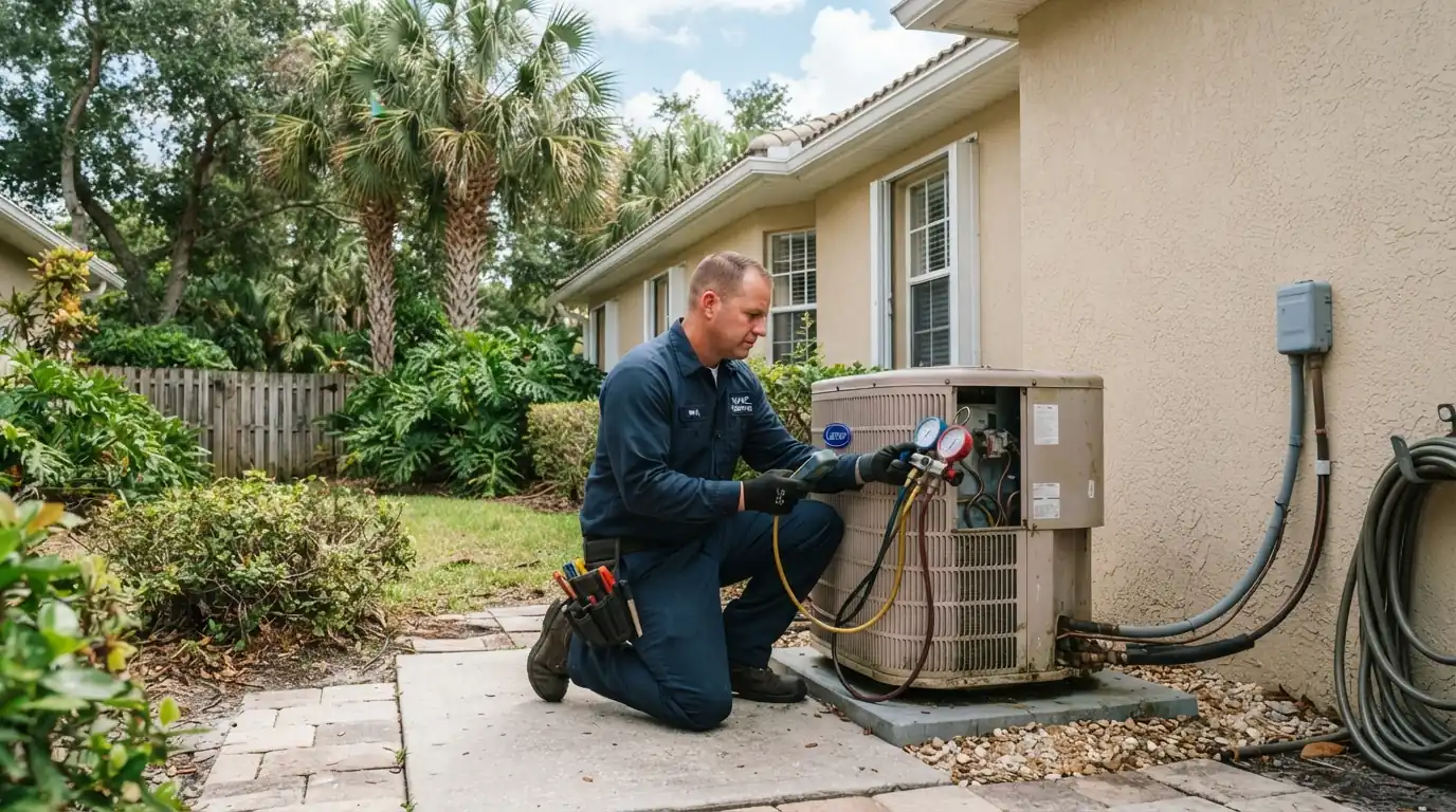 Technician servicing a ductless mini split head in a Jacksonville home