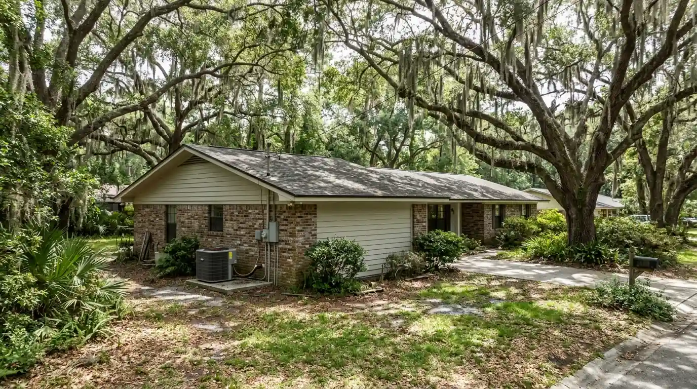 photo, ranch-style Mandarin Jacksonville home under live oaks with Spanish moss and a heat pump on a side pad, Jacksonville Florida home, natural light, prestonreeves-jax-area-mandarin-1