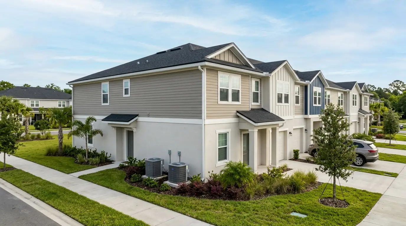 photo, newer two-story townhomes near the Town Center on Jacksonville's Southside with condensers on side pads, Jacksonville Florida home, natural light, prestonreeves-jax-area-southside-1