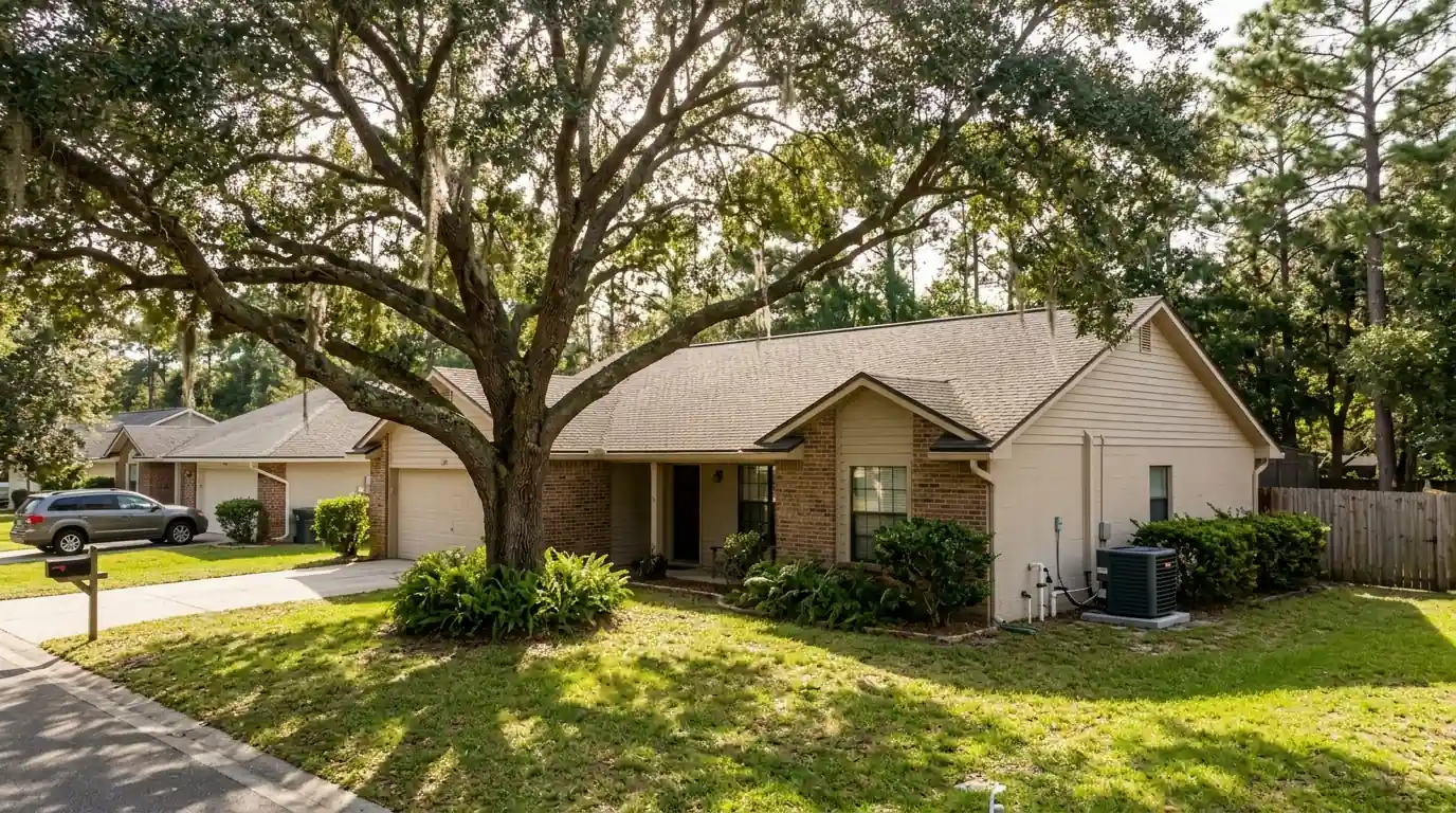 photo, Argyle Forest Jacksonville subdivision home with a heat pump on a side pad and a mature oak in the front yard, Jacksonville Florida home, natural light, prestonreeves-jax-area-argyle-forest-1