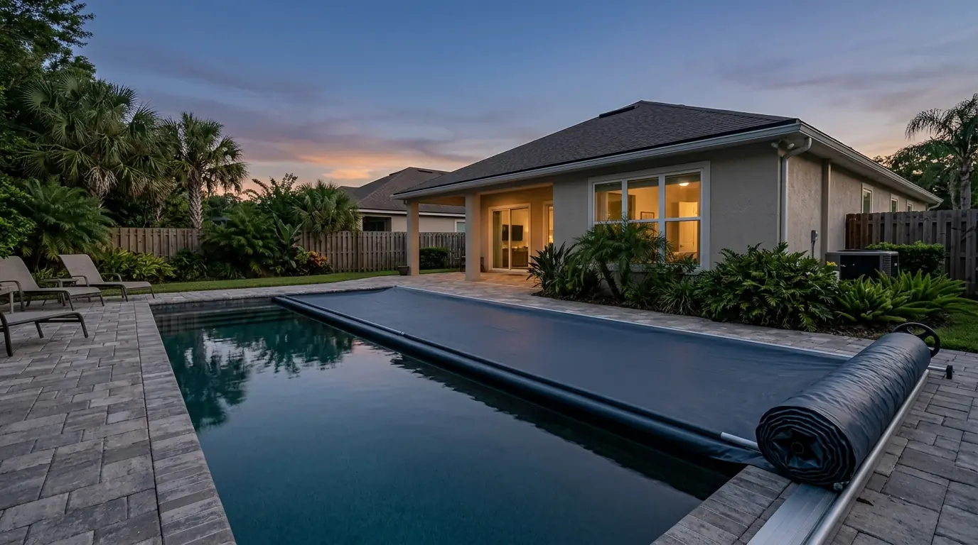 photo, solid pool cover partly rolled back on a residential pool at dusk, Jacksonville Florida home, natural light, prestonreeves-jax-guide-pool-heat-pump-guide-jacksonville-2