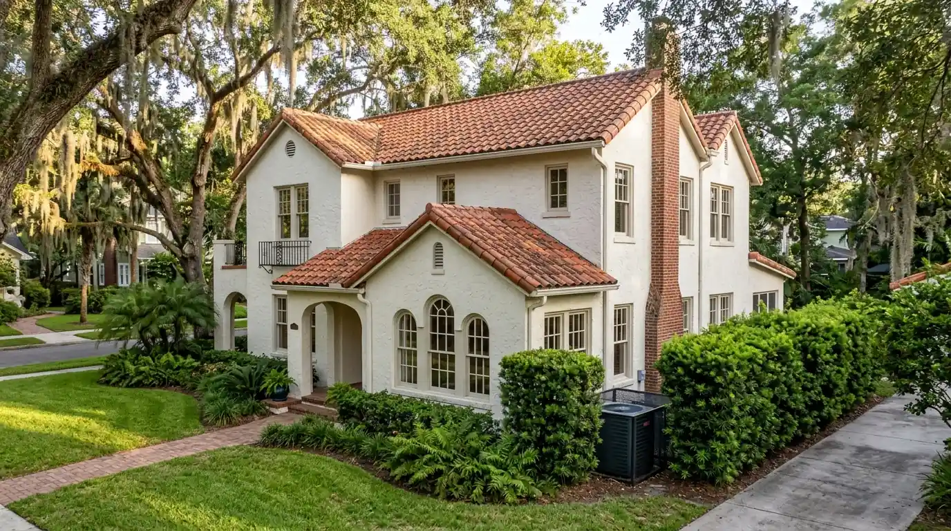 photo, two-story 1920s Avondale Jacksonville home with a tile roof and a condenser screened by hedges in the side yard, Jacksonville Florida home, natural light, prestonreeves-jax-area-avondale-1