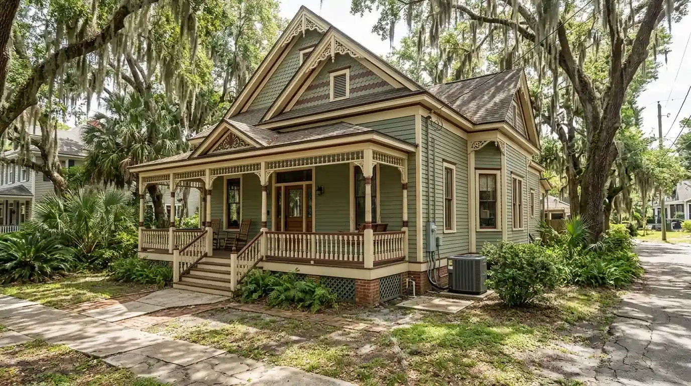 photo, restored two-story wood-frame Victorian home in Springfield Jacksonville with a wide porch and a heat pump at the side, Jacksonville Florida home, natural light, prestonreeves-jax-area-springfield-1