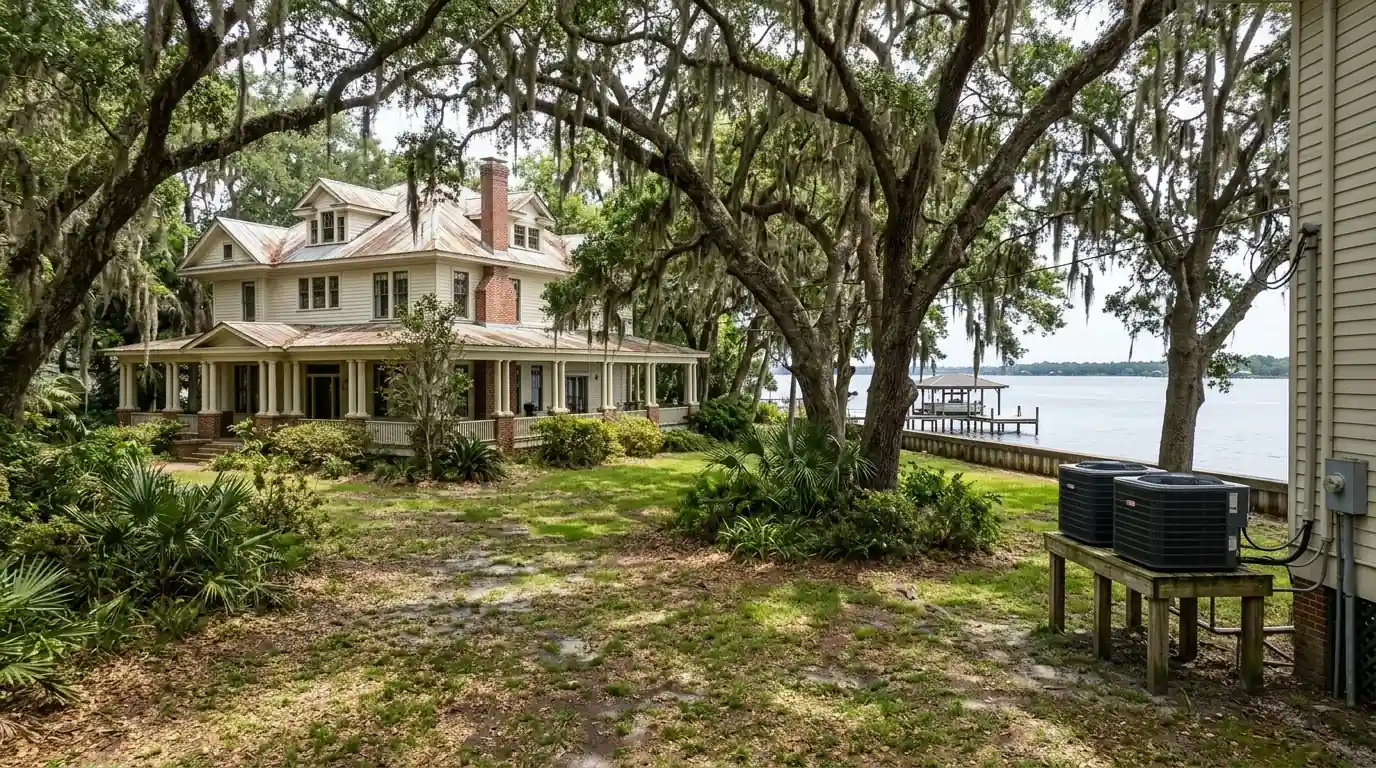 photo, historic riverfront home in Ortega Jacksonville with old oaks and a pair of condensers on a raised stand near the water, Jacksonville Florida home, natural light, prestonreeves-jax-area-ortega-1