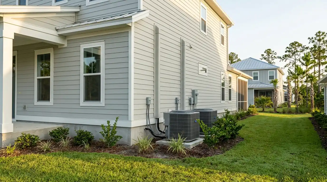 photo, newer Yulee Florida neighborhood near Wildlight with heat pumps beside the homes, morning light, Jacksonville Florida home, natural light, prestonreeves-jax-area-yulee-1