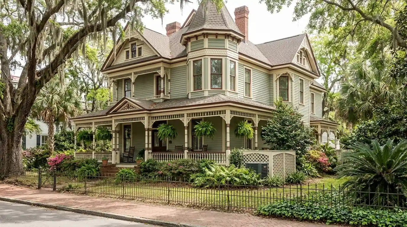 photo, historic Victorian home in downtown Fernandina Beach with a small condenser screened behind lattice, Jacksonville Florida home, natural light, prestonreeves-jax-area-nassau-county-1