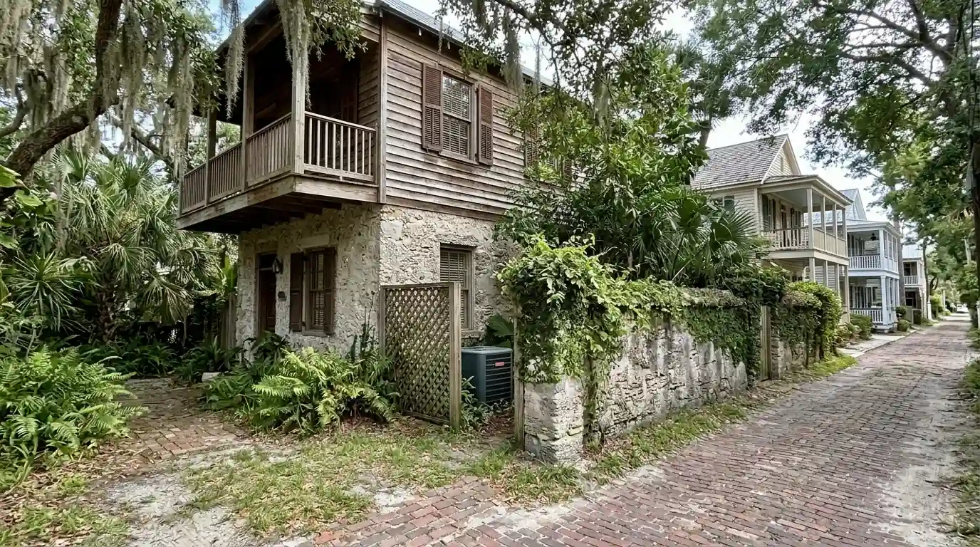 photo, historic St Augustine street with coquina and wood homes, a small condenser screened behind a garden wall, Jacksonville Florida home, natural light, prestonreeves-jax-area-st-augustine-1