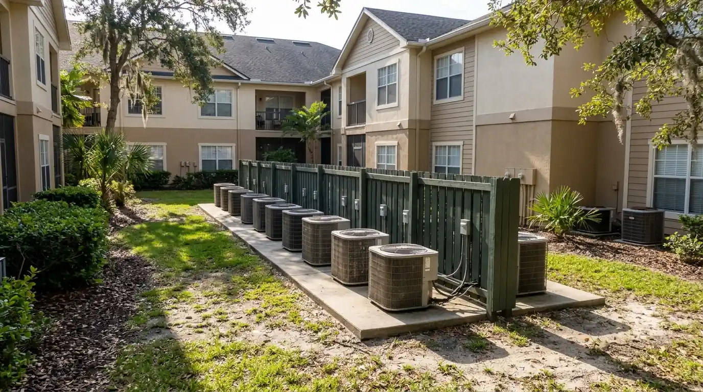 photo, condo building courtyard in Baymeadows Jacksonville with outdoor AC units lined up on a pad behind a fence, Jacksonville Florida home, natural light, prestonreeves-jax-area-baymeadows-1