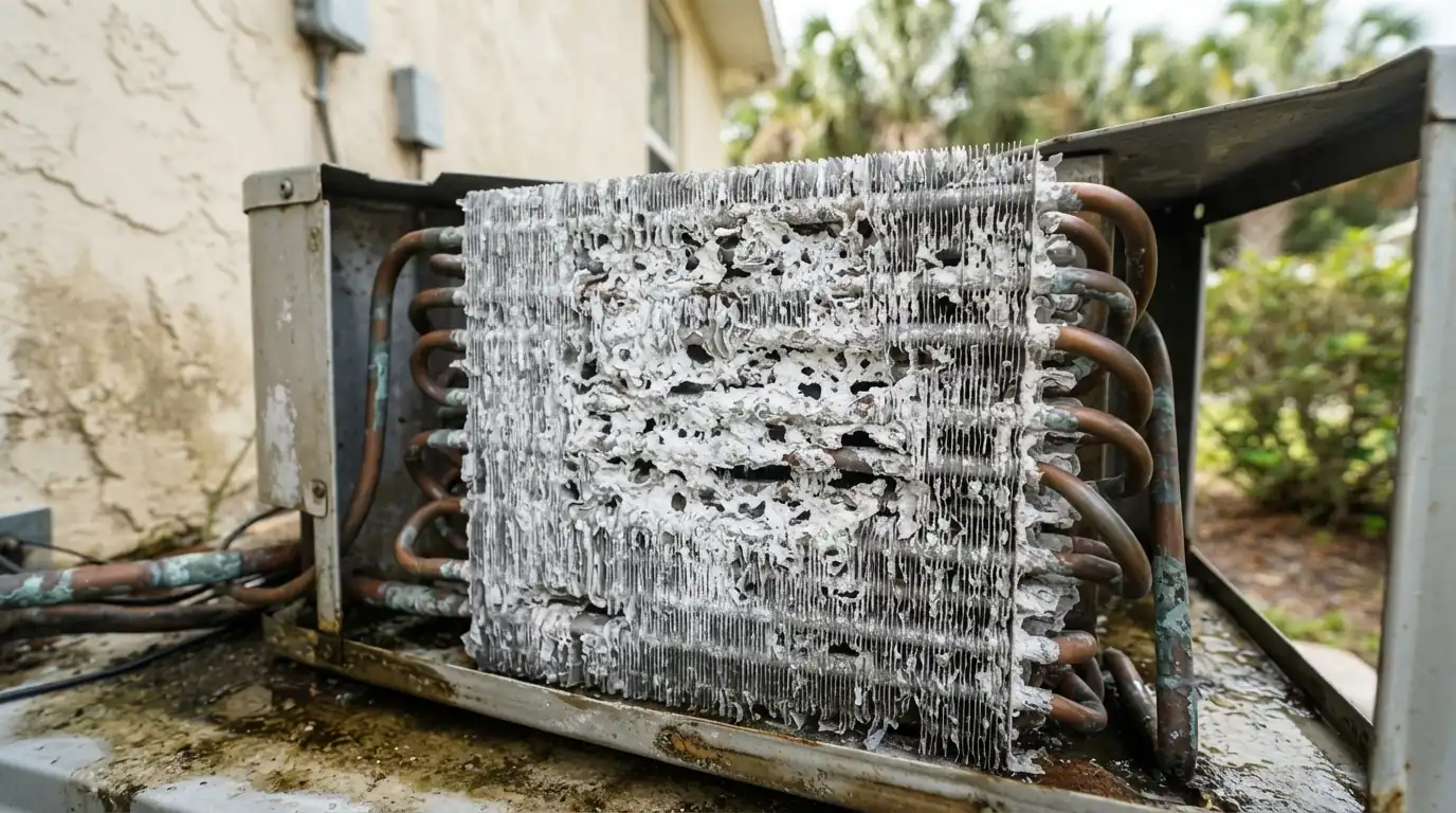 Salt corrosion on condenser coil fins near the coast