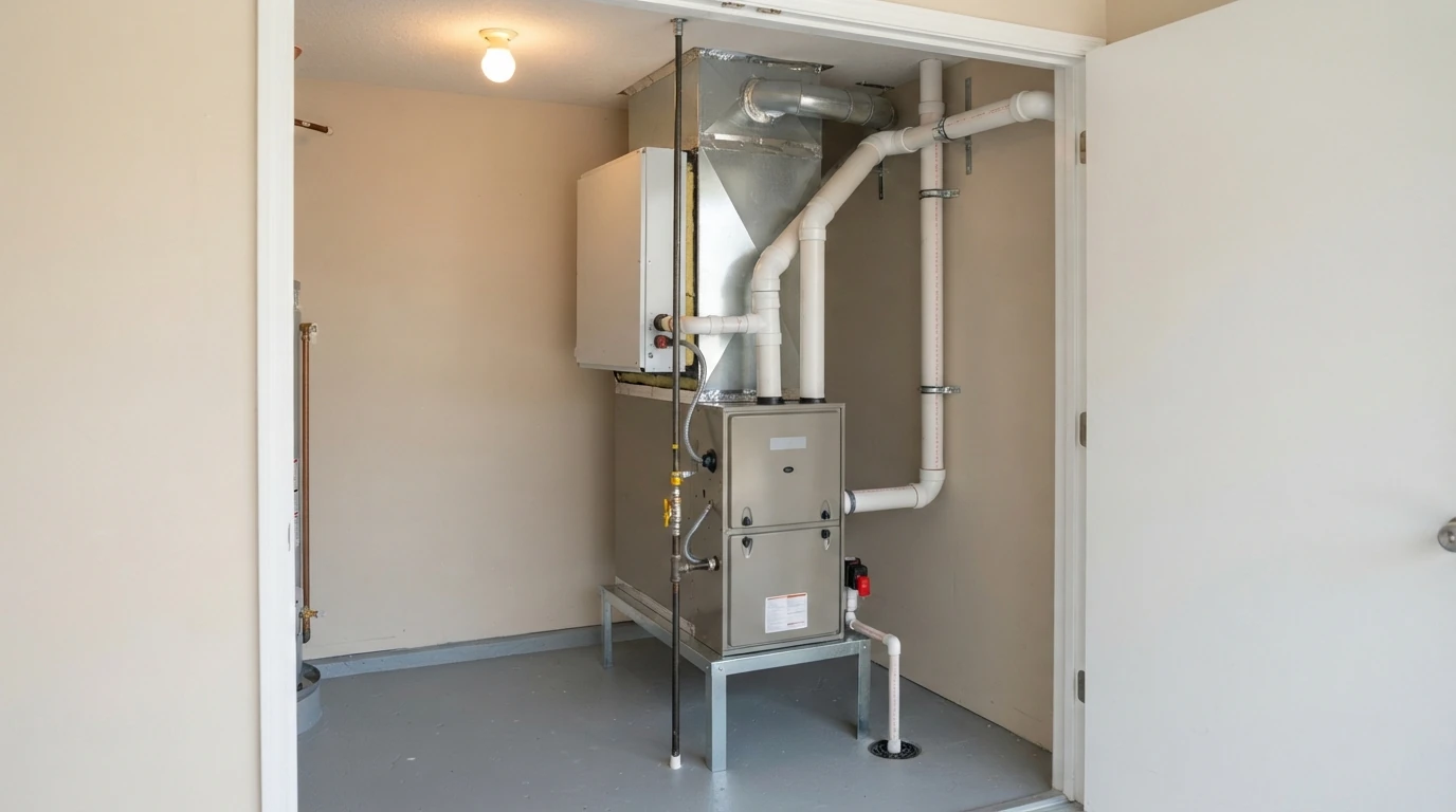 Gas furnace and matched coil in a utility closet