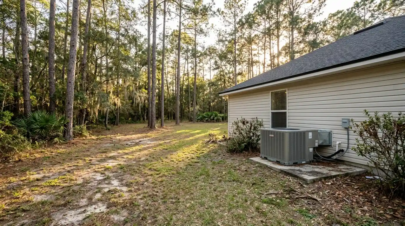 photo, Middleburg Florida home on a large wooded lot with a package unit on a concrete slab, afternoon sun through pines, Jacksonville Florida home, natural light, prestonreeves-jax-area-middleburg-1