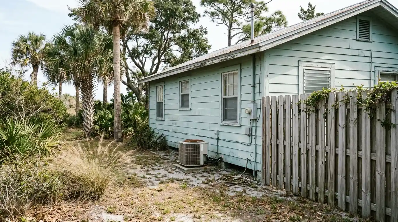 photo, older Atlantic Beach Florida cottage with a small condenser on a pad by the side fence, palms and sea oats, Jacksonville Florida home, natural light, prestonreeves-jax-area-atlantic-beach-1