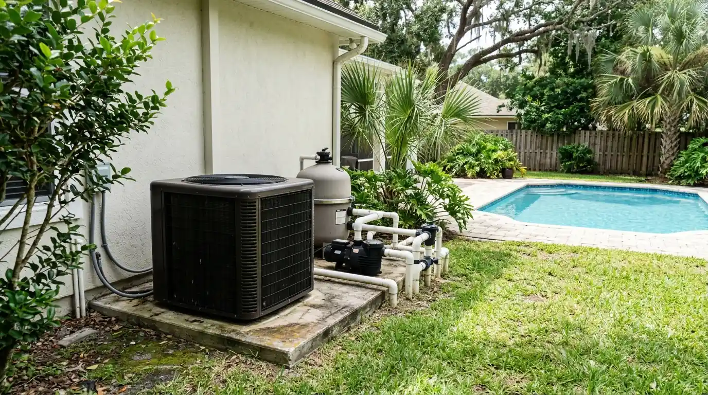 photo, pool heat pump on an equipment pad beside a backyard pool in a Jacksonville Florida yard, Jacksonville Florida home, natural light, prestonreeves-jax-guide-pool-heat-pump-guide-jacksonville-1